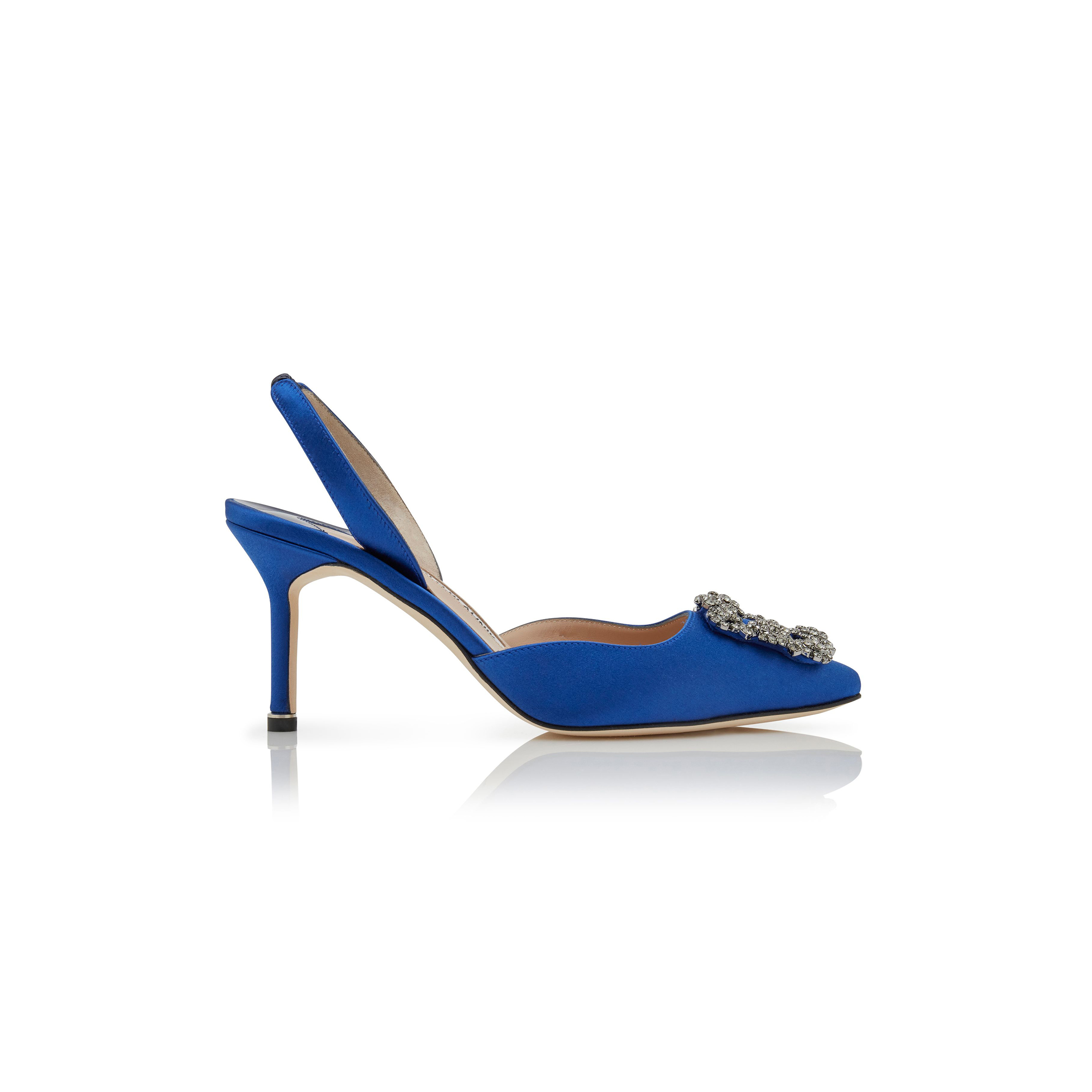 MANOLO BLAHNIK HANGISLI BLUE SATIN JEWEL BUCKLE SLINGBACK PUMPS 419-0473-0010